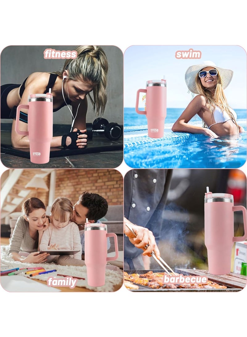 Tyeso 30 oz Tumbler with Handle, Straw and Lid - Leak Resistant Insulated Stainless Steel Water Bottle, Car Cup Holder Friendly Travel Coffee Mug (Pink)