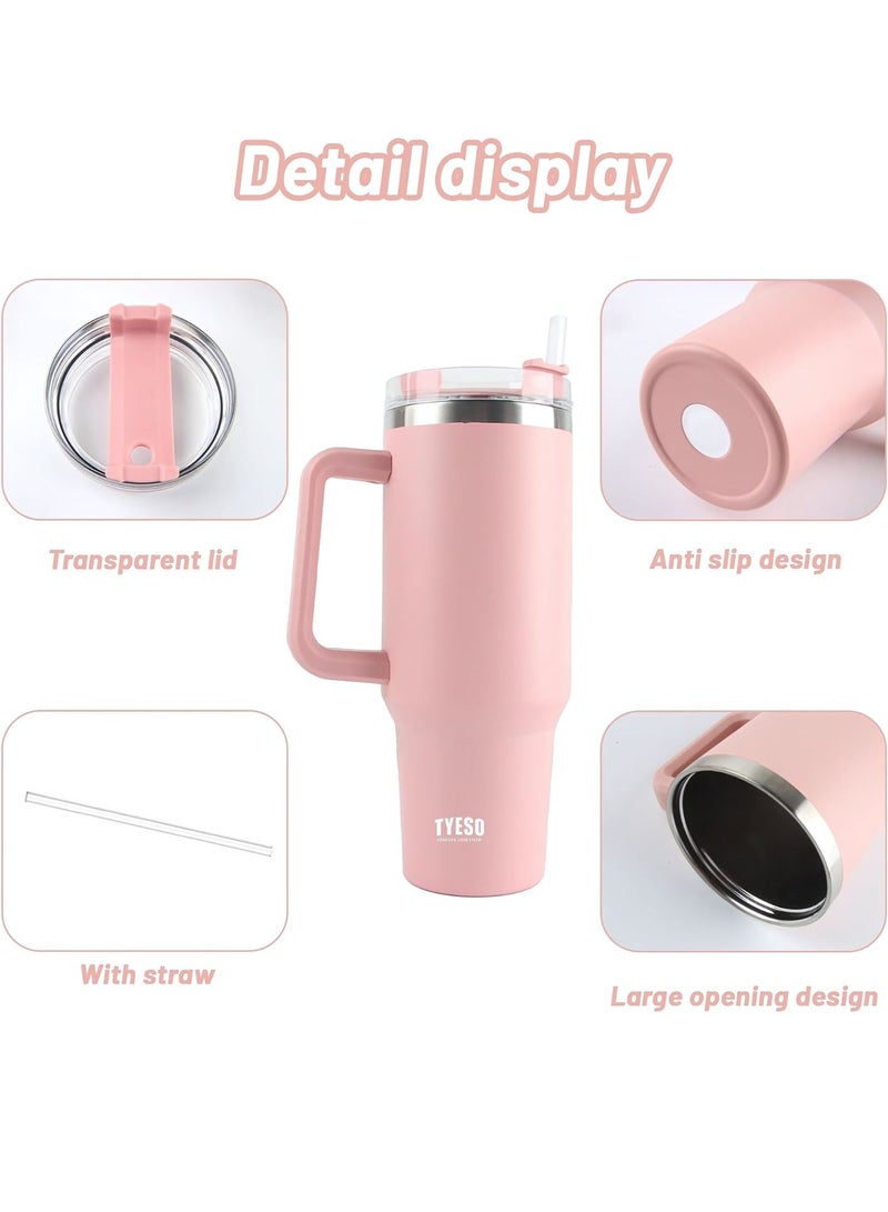 Tyeso 30 oz Tumbler with Handle, Straw and Lid - Leak Resistant Insulated Stainless Steel Water Bottle, Car Cup Holder Friendly Travel Coffee Mug (Pink)