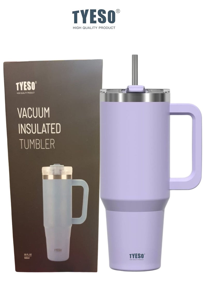 Tyeso 30 oz Tumbler with Handle, Straw and Lid - Leak Resistant Insulated Stainless Steel Water Bottle, Car Cup Holder Friendly Travel Coffee Mug (Purple)