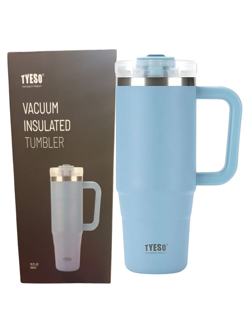 Tyeso 30 oz Tumbler with Handle, Straw and Lid - Leak Resistant Insulated Stainless Steel Water Bottle, Car Cup Holder Friendly Travel Coffee Mug (Light Blue)