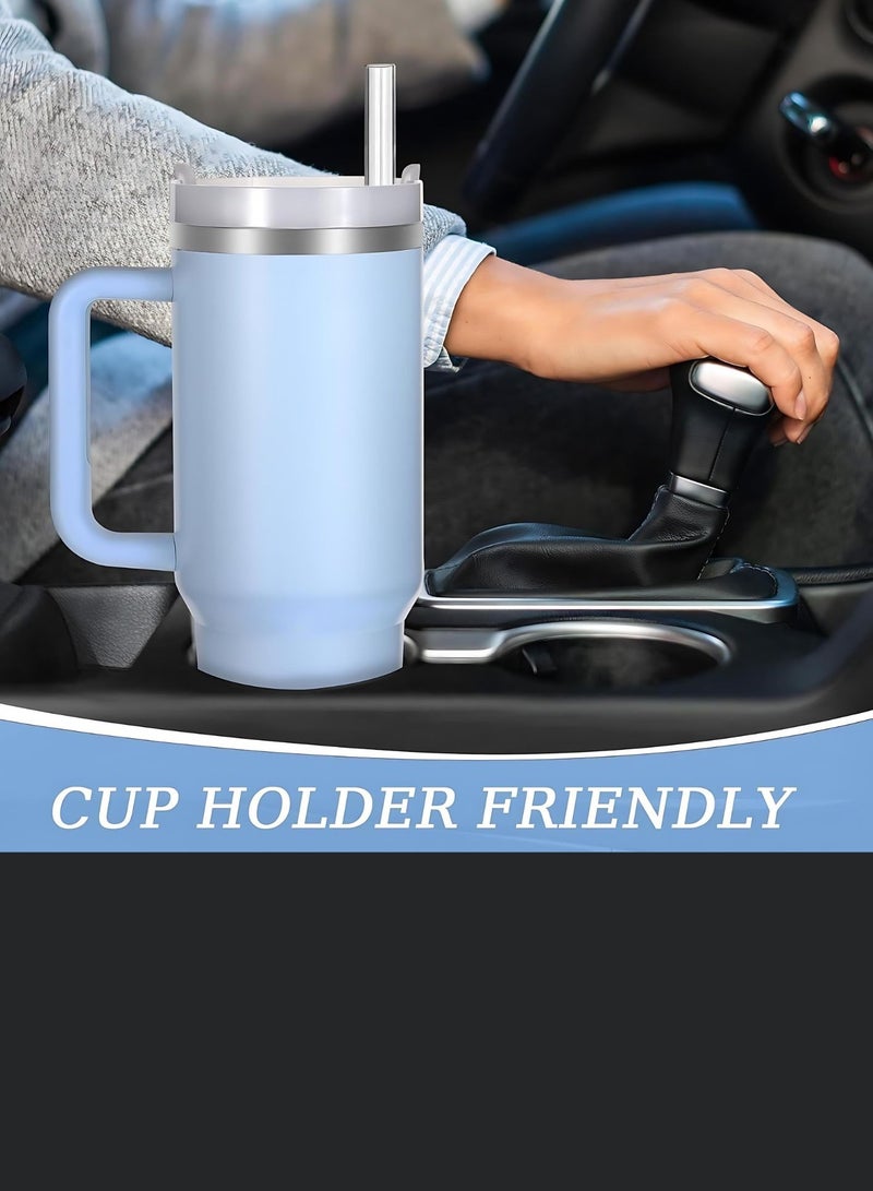 Tyeso 30 oz Tumbler with Handle, Straw and Lid - Leak Resistant Insulated Stainless Steel Water Bottle, Car Cup Holder Friendly Travel Coffee Mug (Light Blue)