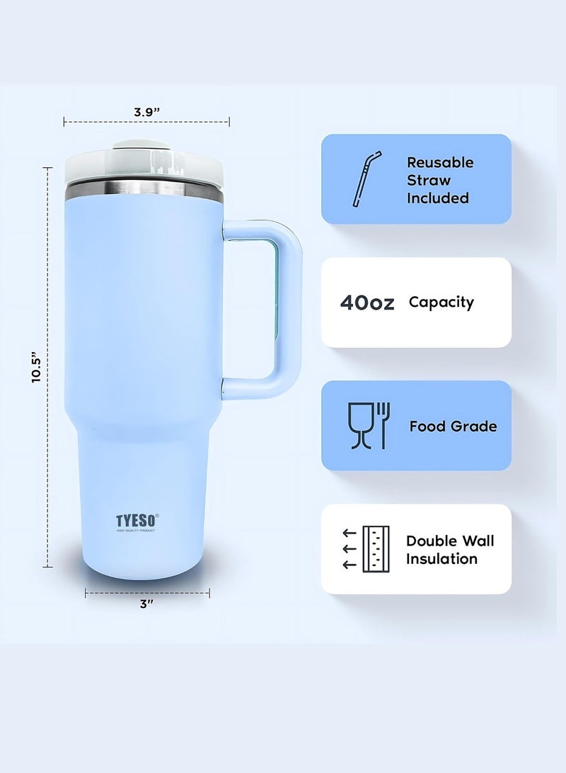 Tyeso 30 oz Tumbler with Handle, Straw and Lid - Leak Resistant Insulated Stainless Steel Water Bottle, Car Cup Holder Friendly Travel Coffee Mug (Light Blue)