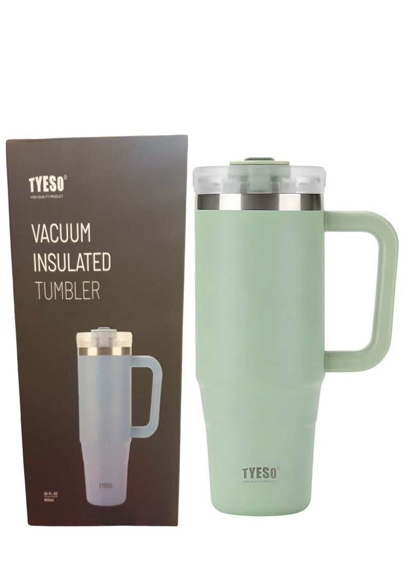 Tyeso 30 oz Tumbler with Handle, Straw and Lid - Leak Resistant Insulated Stainless Steel Water Bottle, Car Cup Holder Friendly Travel Coffee Mug (Green)