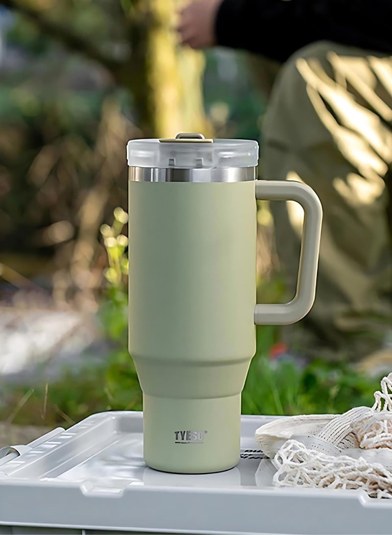 Tyeso 30 oz Tumbler with Handle, Straw and Lid - Leak Resistant Insulated Stainless Steel Water Bottle, Car Cup Holder Friendly Travel Coffee Mug (Green)