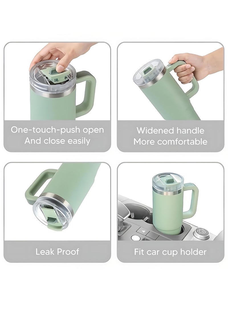 Tyeso 30 oz Tumbler with Handle, Straw and Lid - Leak Resistant Insulated Stainless Steel Water Bottle, Car Cup Holder Friendly Travel Coffee Mug (Green)