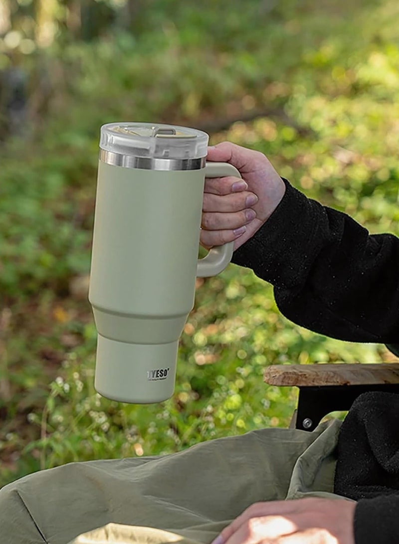 Tyeso 30 oz Tumbler with Handle, Straw and Lid - Leak Resistant Insulated Stainless Steel Water Bottle, Car Cup Holder Friendly Travel Coffee Mug (Green)