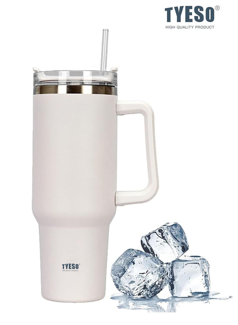 Tyeso 30 oz Tumbler with Handle, Straw and Lid - Leak Resistant Insulated Stainless Steel Water Bottle, Car Cup Holder Friendly Travel Coffee Mug (White)