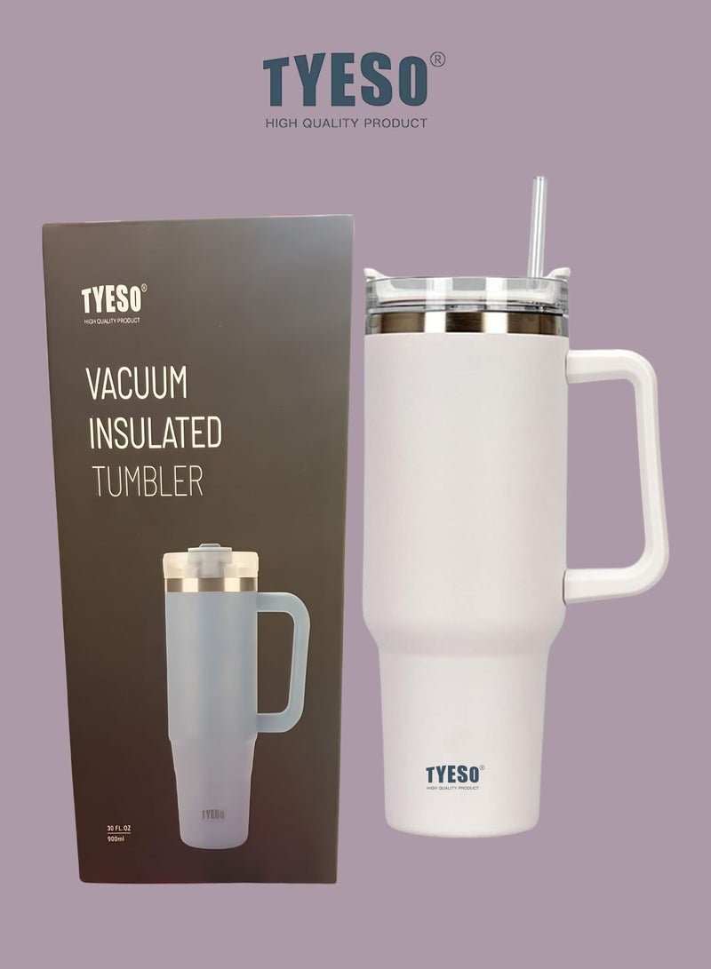 Tyeso 30 oz Tumbler with Handle, Straw and Lid - Leak Resistant Insulated Stainless Steel Water Bottle, Car Cup Holder Friendly Travel Coffee Mug (White)