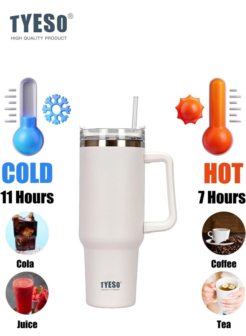 Tyeso 30 oz Tumbler with Handle, Straw and Lid - Leak Resistant Insulated Stainless Steel Water Bottle, Car Cup Holder Friendly Travel Coffee Mug (White)