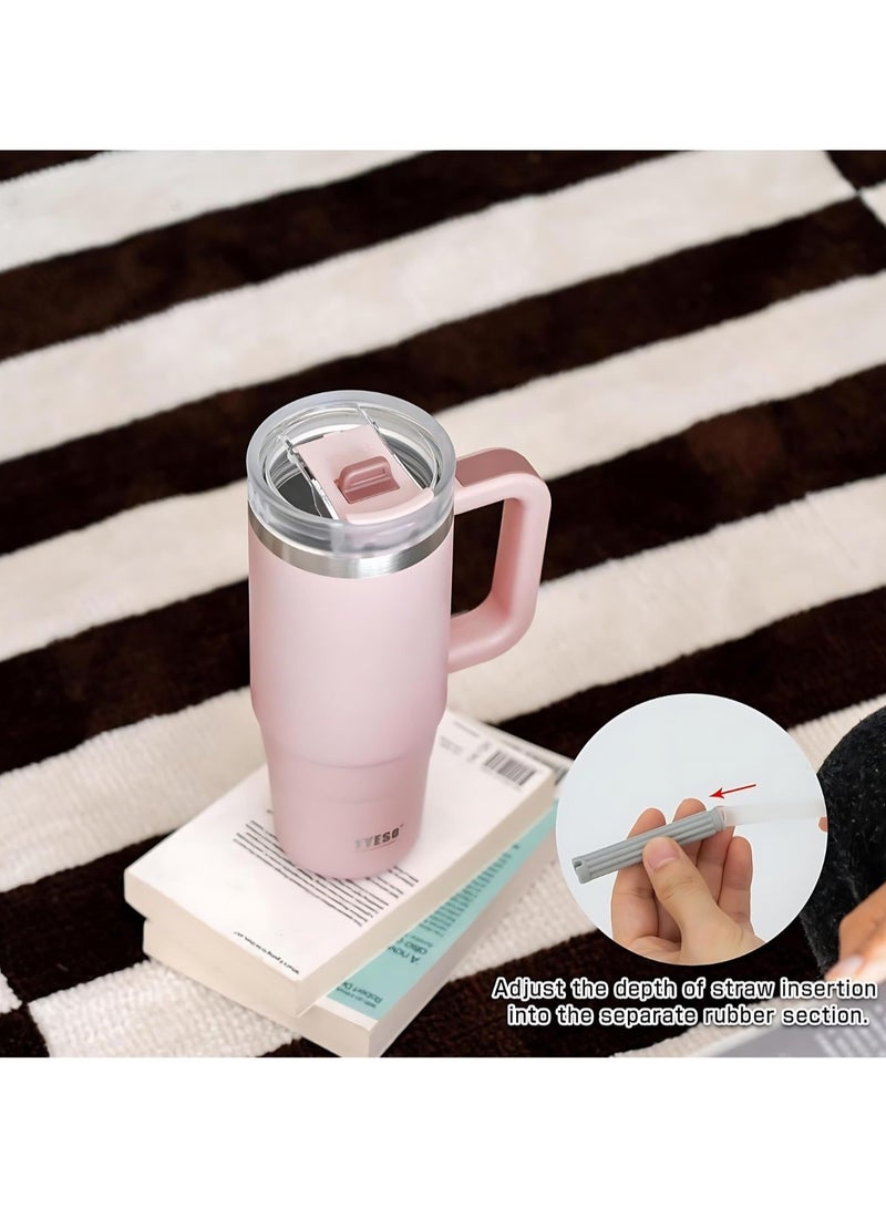 Tyeso 30 oz Tumbler with Handle, Straw and Lid Leak Resistant Insulated Stainless Steel Water Bottle, Car Cup Holder Friendly Travel Coffee Mug ( Light Pink )
