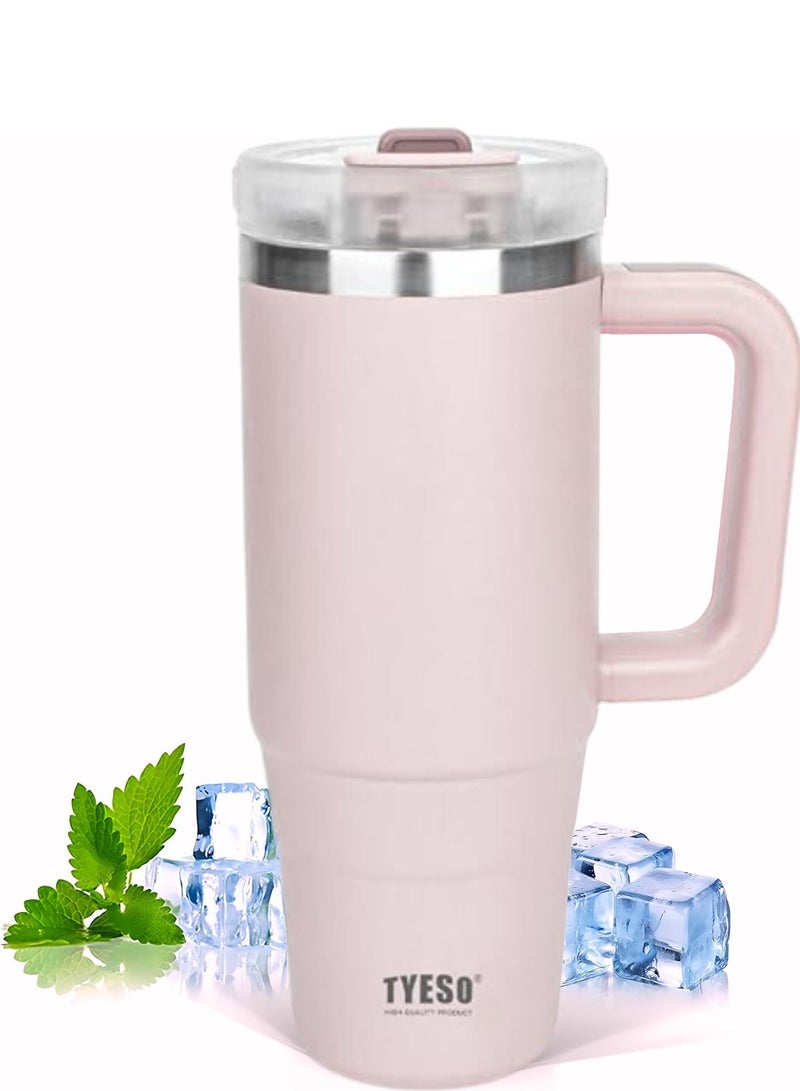 Tyeso 30 oz Tumbler with Handle, Straw and Lid Leak Resistant Insulated Stainless Steel Water Bottle, Car Cup Holder Friendly Travel Coffee Mug ( Light Pink )