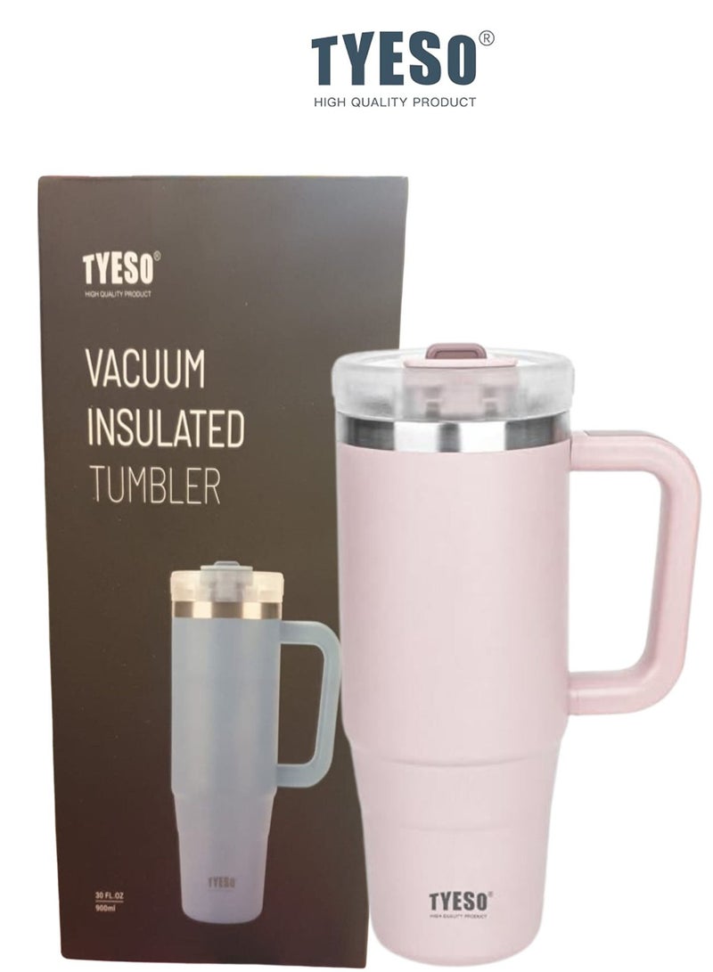 Tyeso 30 oz Tumbler with Handle, Straw and Lid Leak Resistant Insulated Stainless Steel Water Bottle, Car Cup Holder Friendly Travel Coffee Mug ( Light Pink )