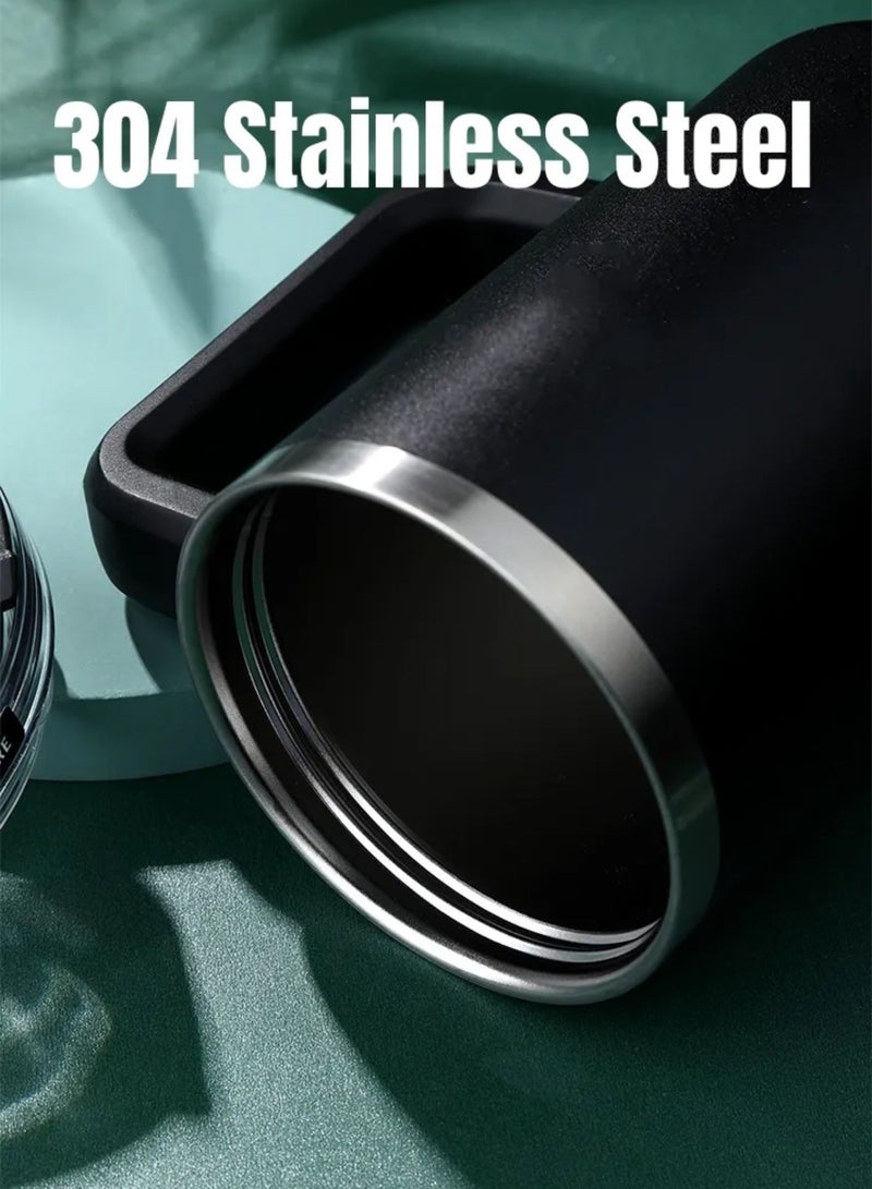 Tyeso 30 oz Tumbler with Handle, Straw and Lid - Leak Resistant Insulated Stainless Steel Water Bottle, Car Cup Holder Friendly Travel Coffee Mug (Black)