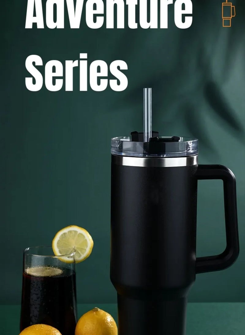 Tyeso 30 oz Tumbler with Handle, Straw and Lid - Leak Resistant Insulated Stainless Steel Water Bottle, Car Cup Holder Friendly Travel Coffee Mug (Black)