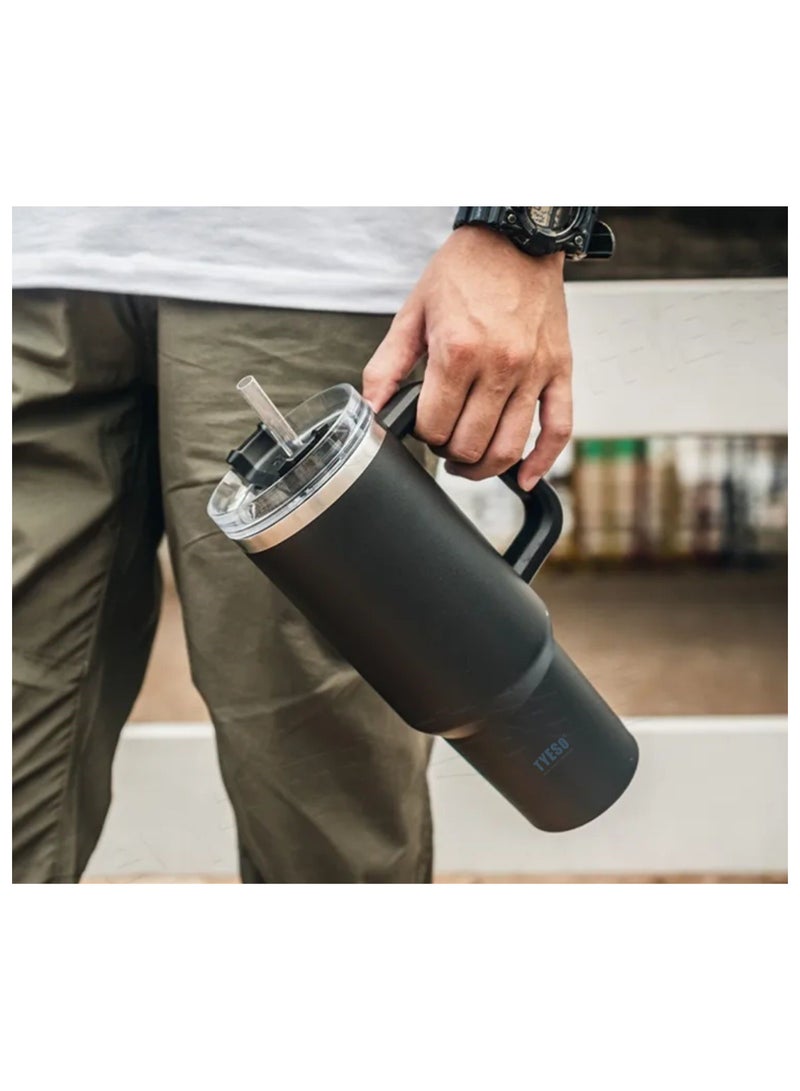 Tyeso 30 oz Tumbler with Handle, Straw and Lid - Leak Resistant Insulated Stainless Steel Water Bottle, Car Cup Holder Friendly Travel Coffee Mug (Black)