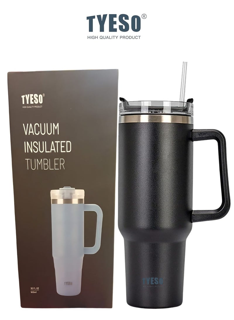 Tyeso 30 oz Tumbler with Handle, Straw and Lid - Leak Resistant Insulated Stainless Steel Water Bottle, Car Cup Holder Friendly Travel Coffee Mug (Black)