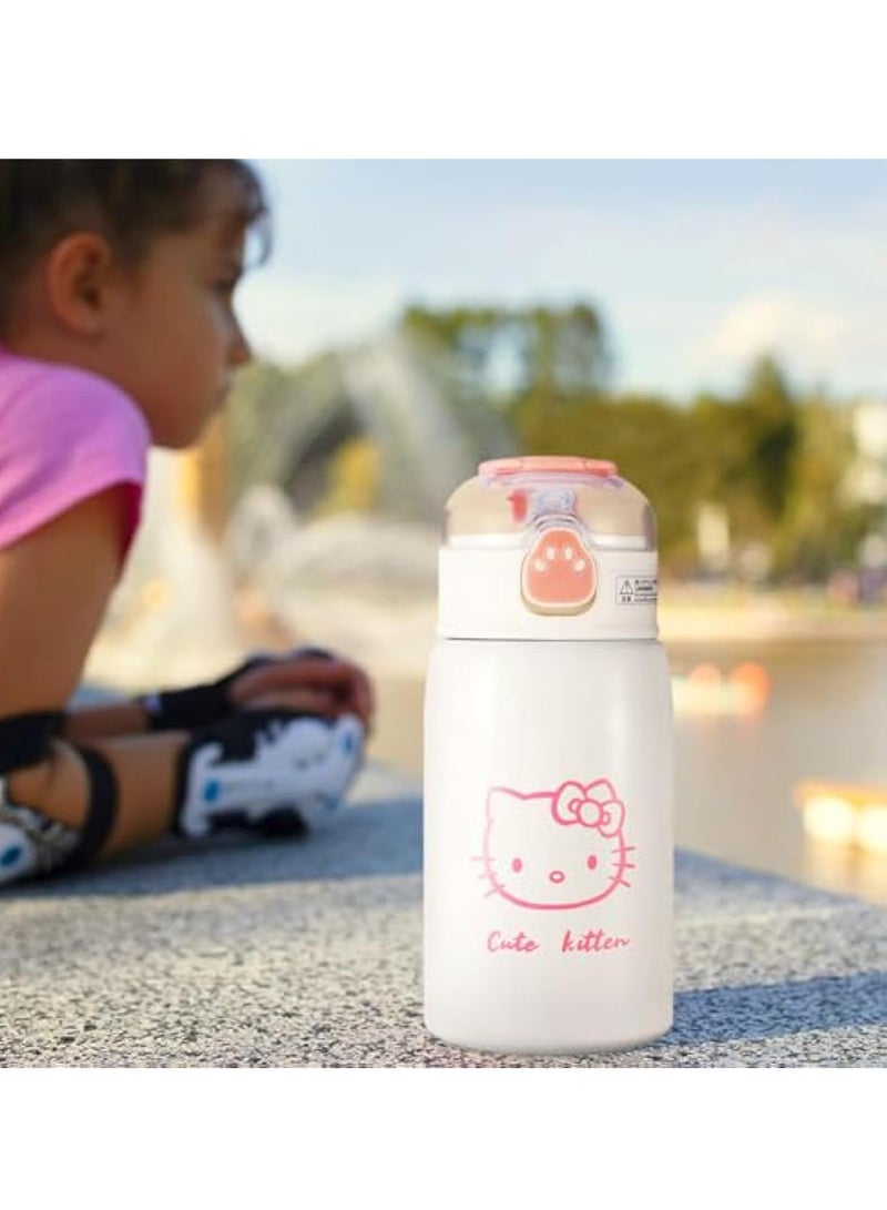 Kids Stainless Steel Water Bottle, 400ml KT Cartoon Water Bottle Cup, Kit-ty Reusable Portable Insulated Bottle, Keeps Hot and Cold Drinks, Insulated Sports Bottle, Leakproof Water Bottle