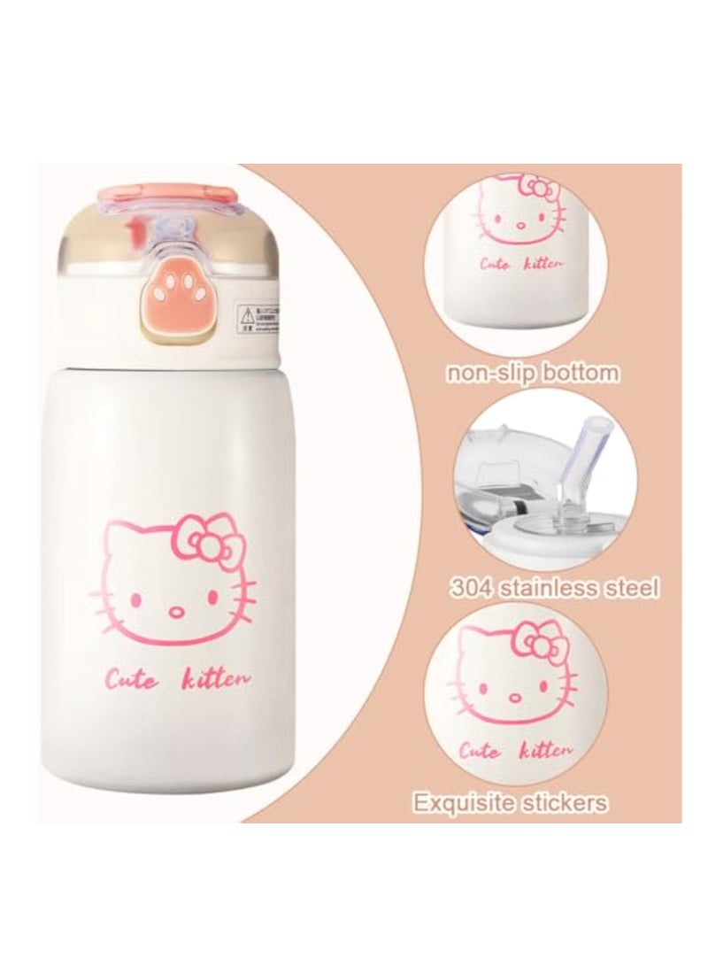 Kids Stainless Steel Water Bottle, 400ml KT Cartoon Water Bottle Cup, Kit-ty Reusable Portable Insulated Bottle, Keeps Hot and Cold Drinks, Insulated Sports Bottle, Leakproof Water Bottle
