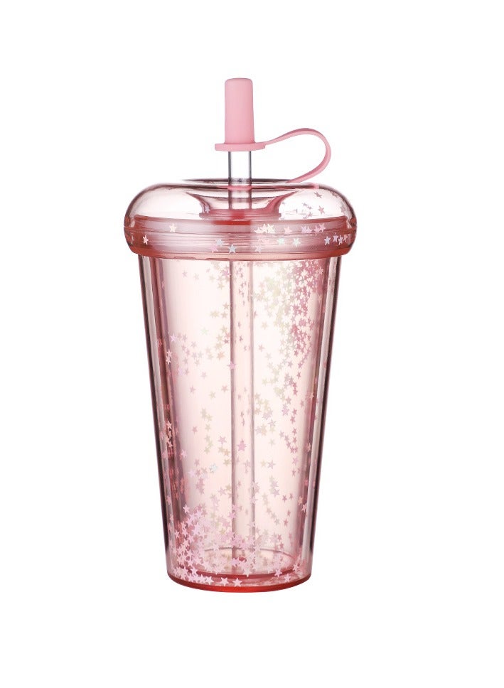 Double-Walled Straw Drinking Cup, 420ml Reusable Coffee Cup with Lid and Straw for Juice, Coffee, Smoothies, Latte, Macchiato, Whiskey, Ideal Gift