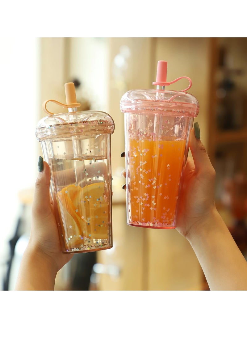 Double-Walled Straw Drinking Cup, 420ml Reusable Coffee Cup with Lid and Straw for Juice, Coffee, Smoothies, Latte, Macchiato, Whiskey, Ideal Gift