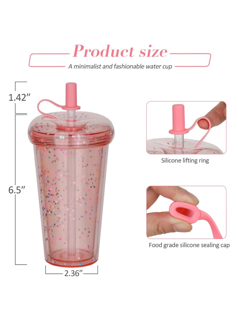 Double-Walled Straw Drinking Cup, 420ml Reusable Coffee Cup with Lid and Straw for Juice, Coffee, Smoothies, Latte, Macchiato, Whiskey, Ideal Gift