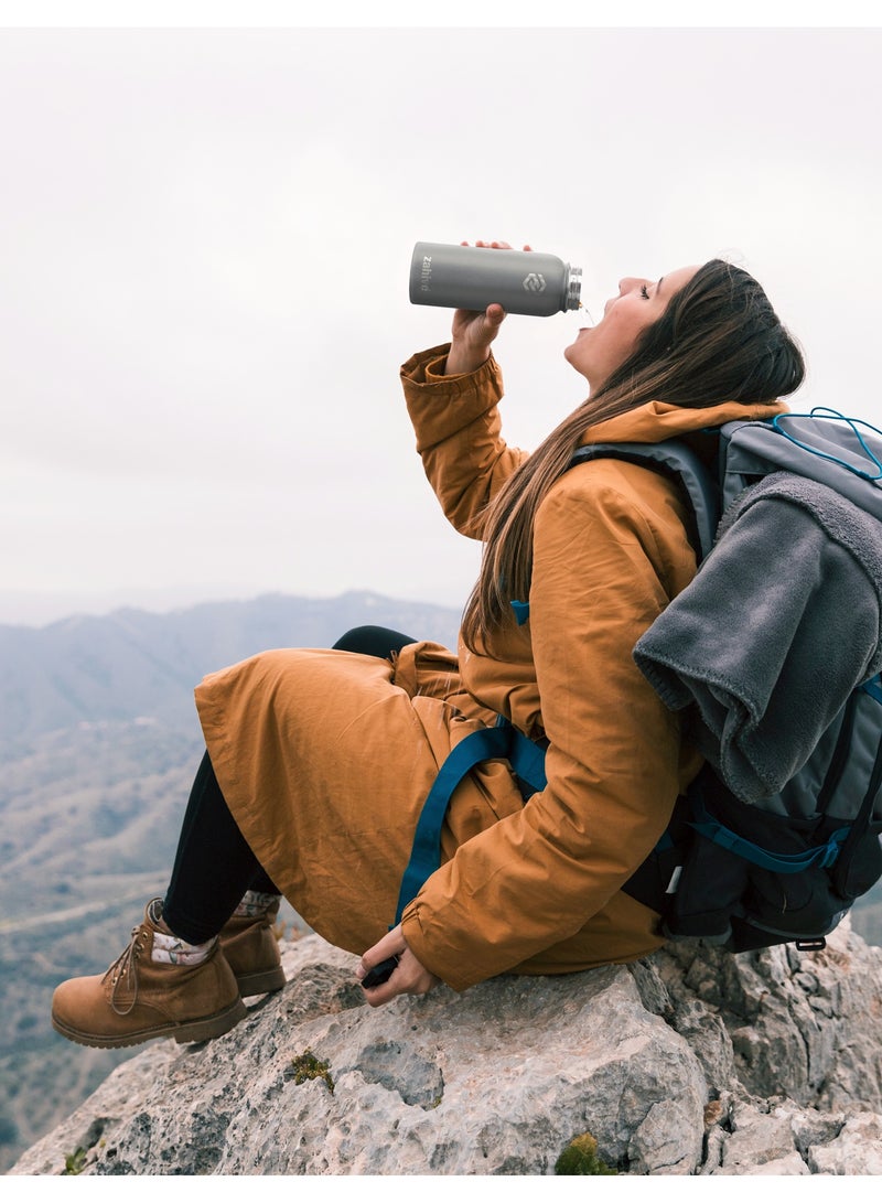 Insulated Stainless Steel Water Bottle with Straw with 3 Lids and Bag 1000 ml, Double Wall Thermos for Hot and Cold Drinks for Gym and Work, Wide Mouth, Leak Proof, 1 liter, Cool Gray