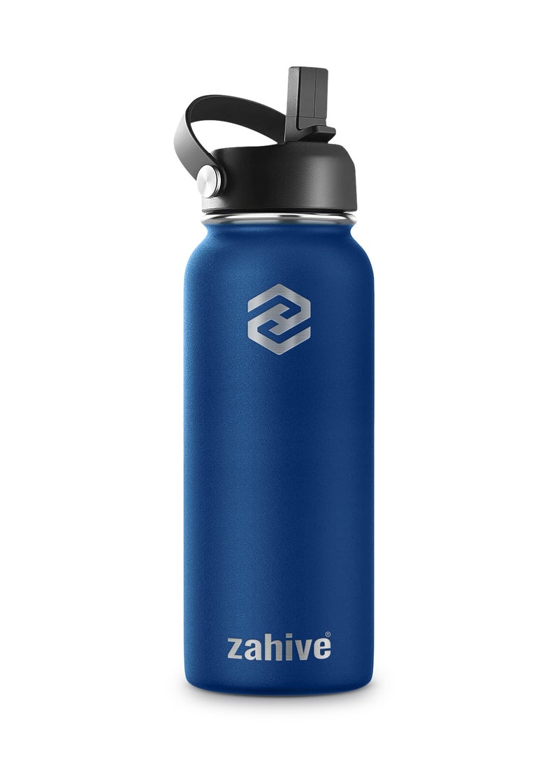 Stainless Steel Insulated Water Bottle with Straw with 3 Lids and Bag 1000 ml, Double Wall Thermos for Hot and Cold Drinks for Gym and Work, Wide Mouth, Leak Proof, 1 liter, Navy Blue