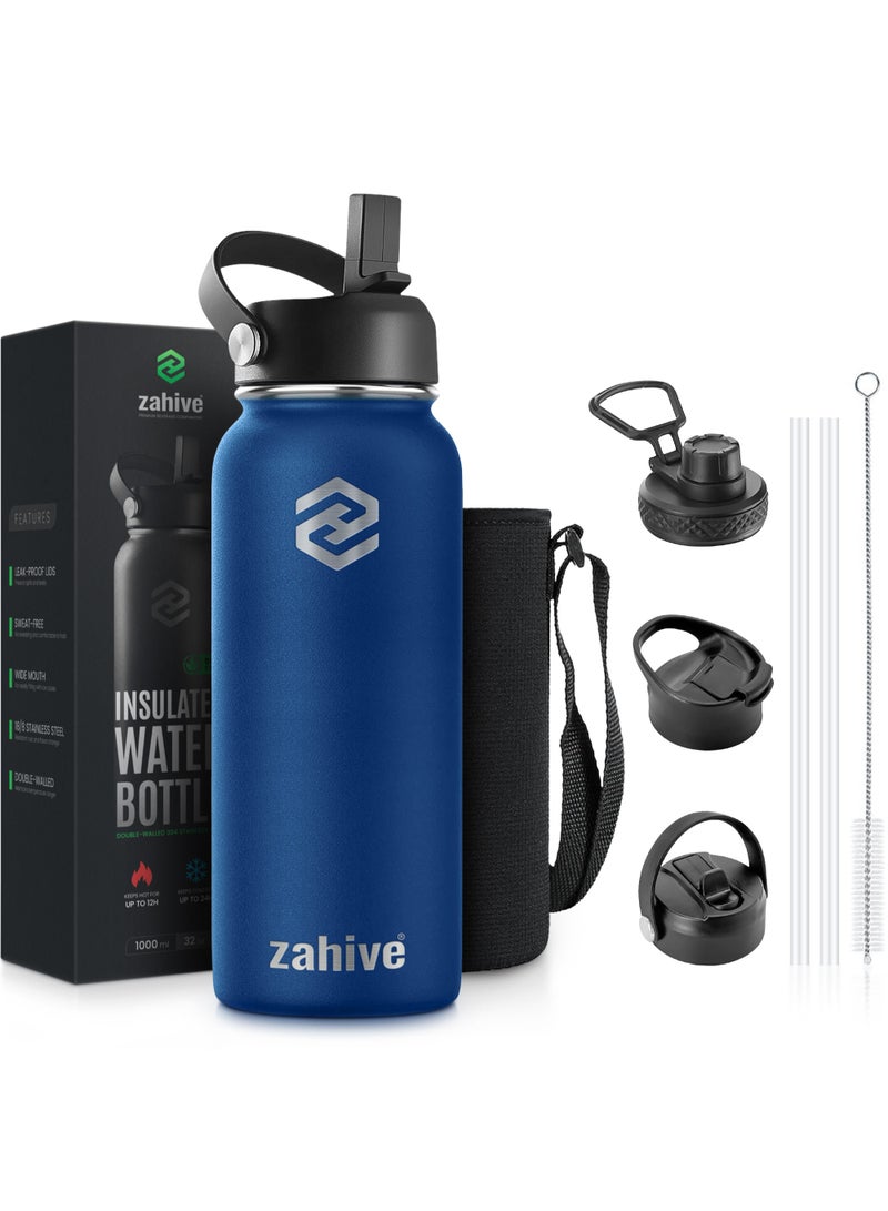 Stainless Steel Insulated Water Bottle with Straw with 3 Lids and Bag 1000 ml, Double Wall Thermos for Hot and Cold Drinks for Gym and Work, Wide Mouth, Leak Proof, 1 liter, Navy Blue