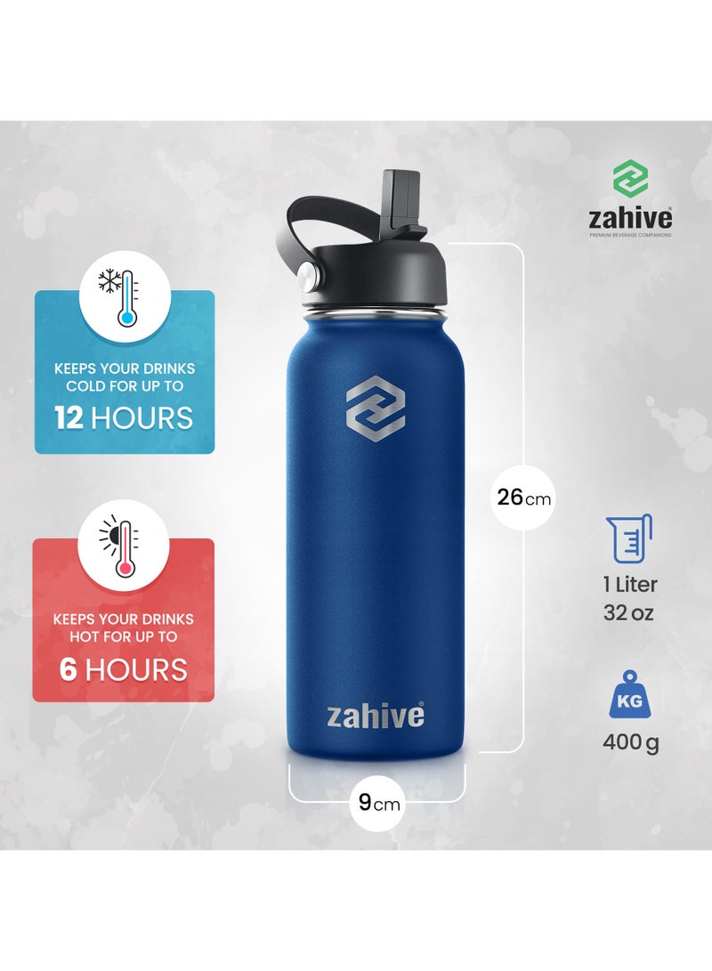 Stainless Steel Insulated Water Bottle with Straw with 3 Lids and Bag 1000 ml, Double Wall Thermos for Hot and Cold Drinks for Gym and Work, Wide Mouth, Leak Proof, 1 liter, Navy Blue