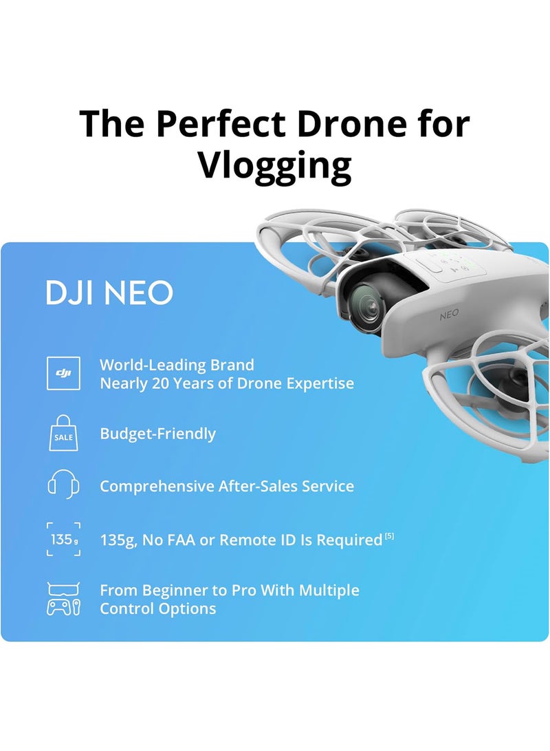 Neo, Drone With 4K UHD Camera For Adults And Kids, 135g Follow Me Drone With Palm Takeoff, AI Subject Tracking, QuickShots, Ultra-Stabilized Video, Built-In Propeller Guard (Controller-Free)