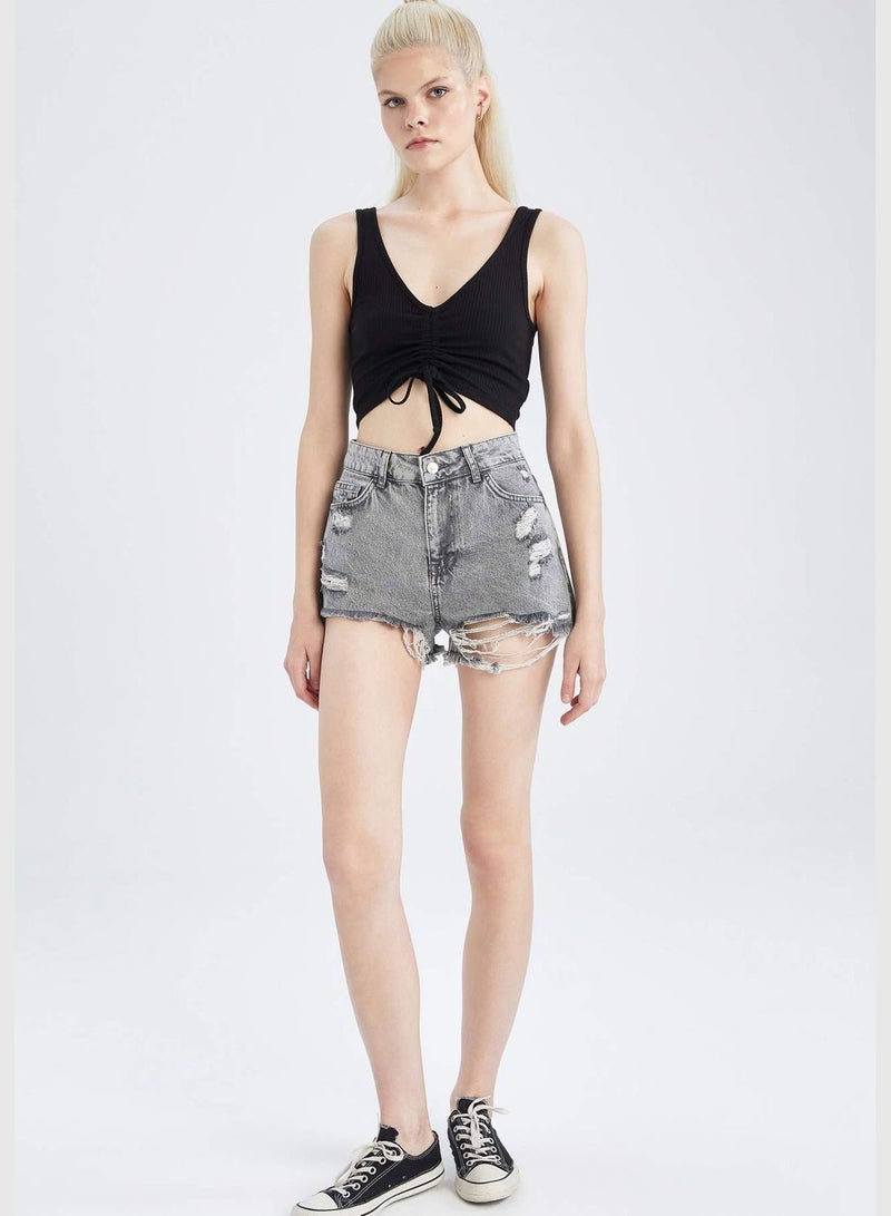 Distressed High Waisted Mini Jean Short