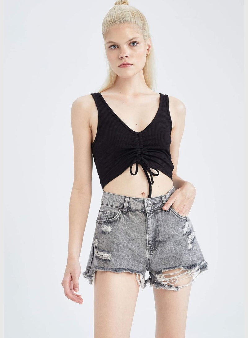 Distressed High Waisted Mini Jean Short