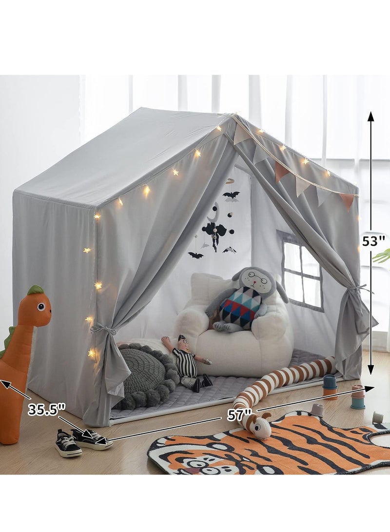 Kids Large Play Tent, Playhouse with LED String Lights Flags and Padded Mat, Boys Girls Castle Cottage, Indoors Outdoors Activity Center Reading Nook