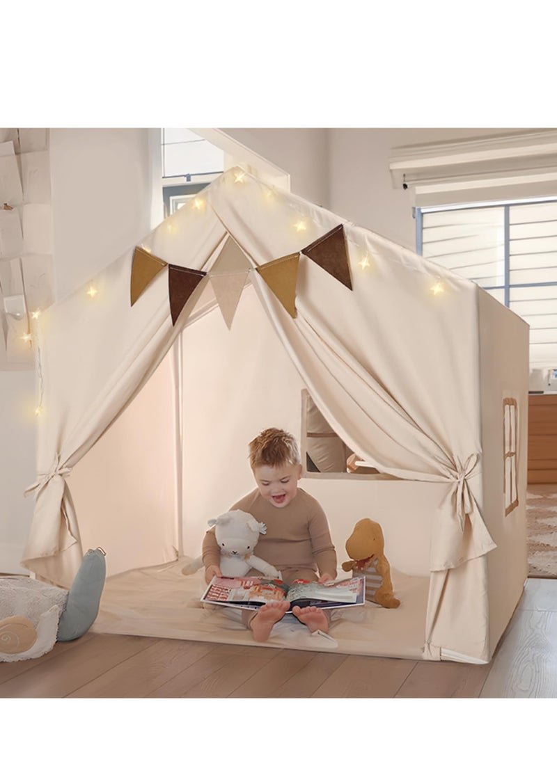 Kids Large Playhouse Play Tent with LED String Lights, Colorful Flags and Padded Mat, Boys Girls Castle Cottage, Indoors Outdoors Activity Center Reading Nook