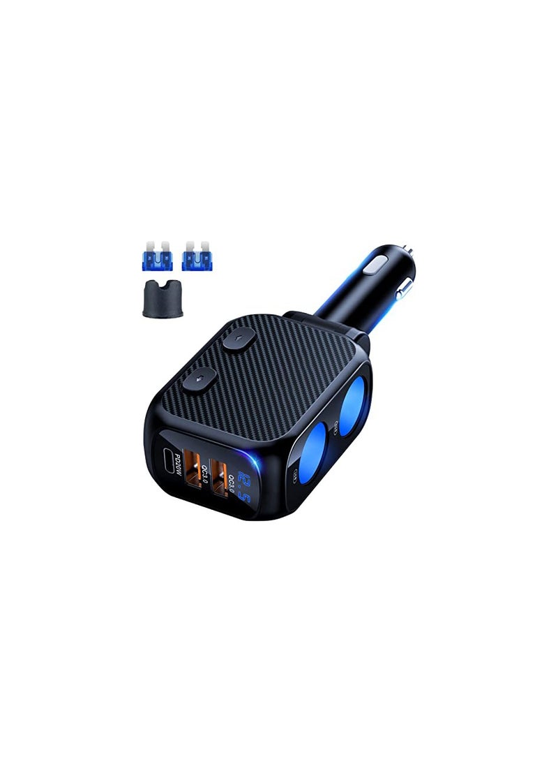 180W Car Charger Splitter with 20W PD Dual Socket Cigarette Lighter Adapter, Fast USB-C Charger with Type C 20W PD and QC3.0 for Dash Cam and Other Devices.