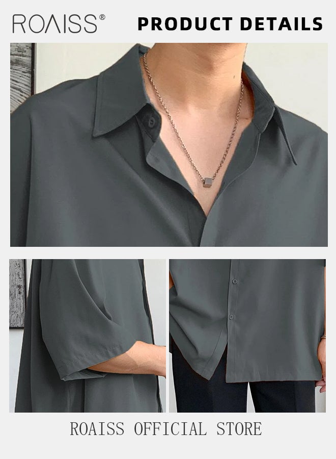 Minimalist Loose Fit Long Sleeve Shirts for Men Casual Versatile Solid Color Drop Shoulder Shirt with Split Hem Men's Plain Classic Lapel Collar Button Front Shirt Tops