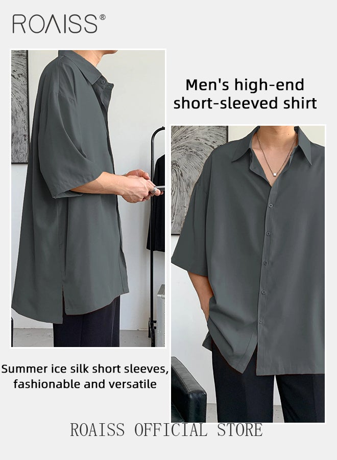 Minimalist Loose Fit Long Sleeve Shirts for Men Casual Versatile Solid Color Drop Shoulder Shirt with Split Hem Men's Plain Classic Lapel Collar Button Front Shirt Tops