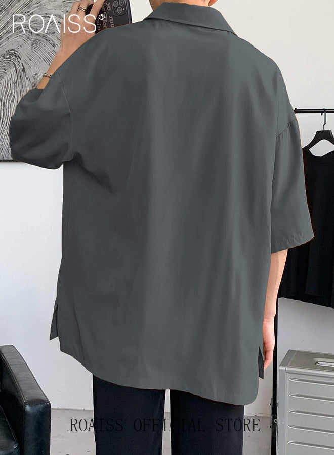 Minimalist Loose Fit Long Sleeve Shirts for Men Casual Versatile Solid Color Drop Shoulder Shirt with Split Hem Men's Plain Classic Lapel Collar Button Front Shirt Tops