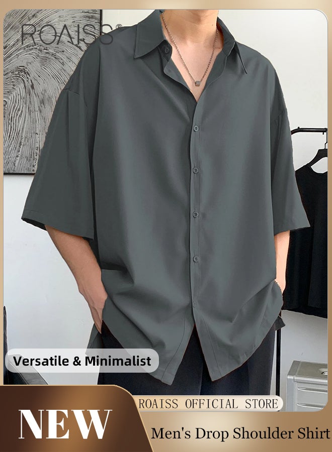 Minimalist Loose Fit Long Sleeve Shirts for Men Casual Versatile Solid Color Drop Shoulder Shirt with Split Hem Men's Plain Classic Lapel Collar Button Front Shirt Tops
