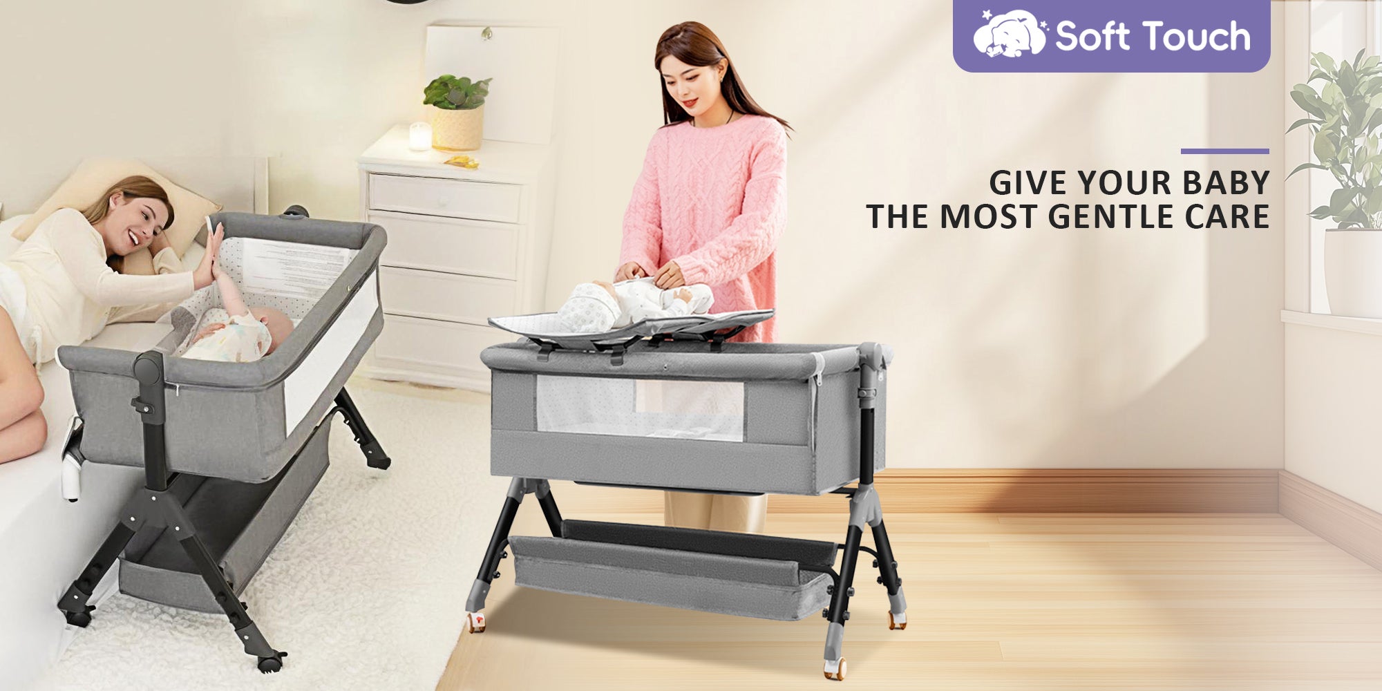 Portable Infant Cot Bed 3 In 1 Baby Bassinet Baby Sleeping Bed Toddler Bedside Sleeper with Wheels