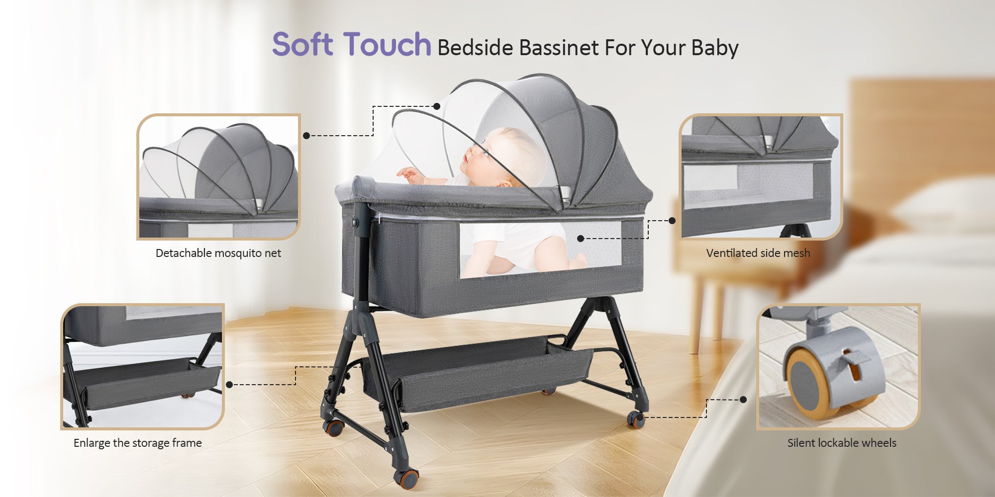 Portable Infant Cot Bed 3 In 1 Baby Bassinet Baby Sleeping Bed Toddler Bedside Sleeper with Wheels