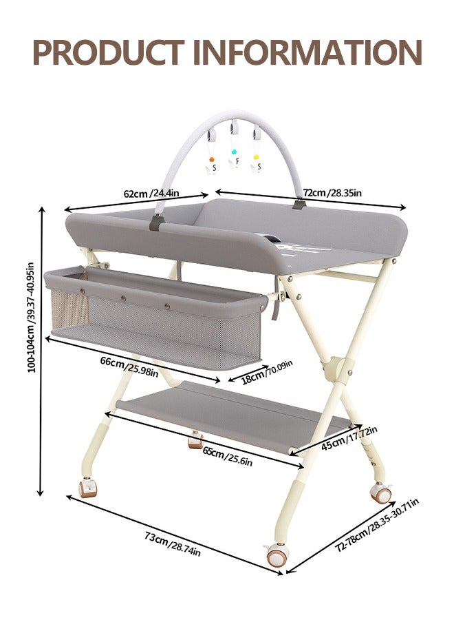 Portable Baby Changing Table Foldable Diaper Change Table with Wheels Adjustable Height Cleaning Bucket Infant Changing Station Mobile Nursery Organizer for Newborn