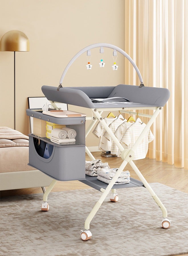 Portable Baby Changing Table Foldable Diaper Change Table with Wheels Adjustable Height Cleaning Bucket Infant Changing Station Mobile Nursery Organizer for Newborn