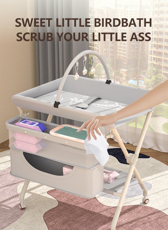 Portable Baby Changing Table Foldable Diaper Change Table with Wheels Adjustable Height Cleaning Bucket Infant Changing Station Mobile Nursery Organizer for Newborn