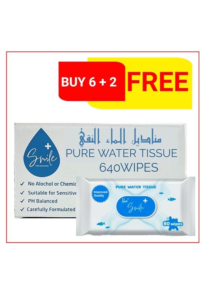 SmilePlus Pure Water Tissue 80'S - Gentle Hypoallergenic Wipes for Sensitive Skin - Fragrance Free & Alcohol-Free - Pure Water - SPECIAL OFFER 6 + 2 FREE - 640 Wipes