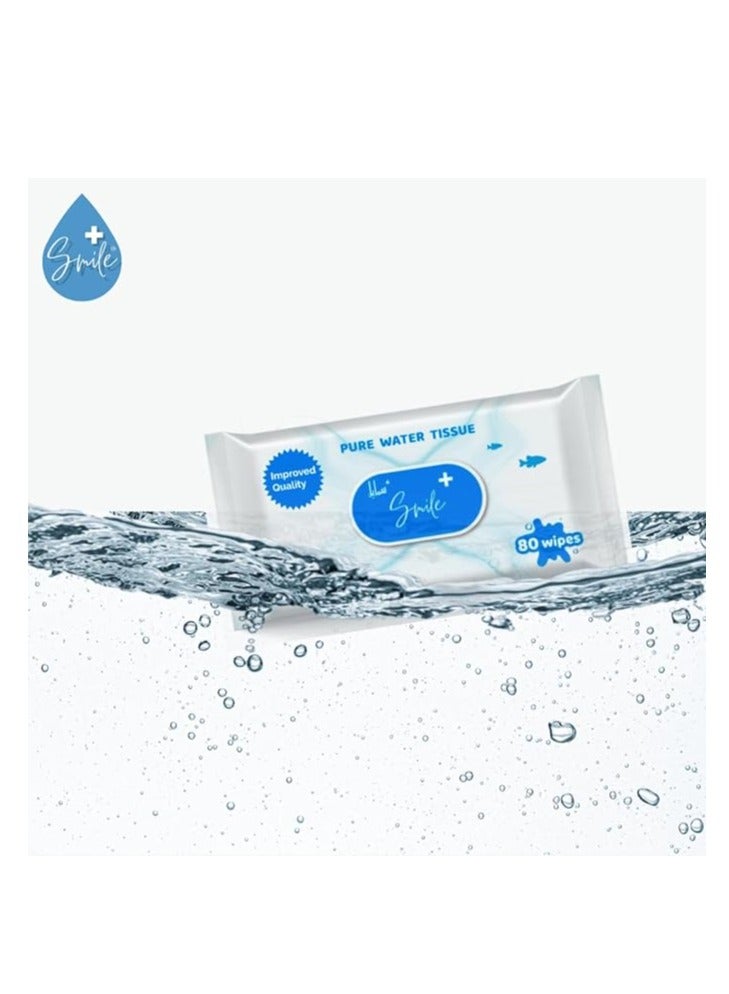 SmilePlus Pure Water Tissue 80'S - Gentle Hypoallergenic Wipes for Sensitive Skin - Fragrance Free & Alcohol-Free - Pure Water - SPECIAL OFFER 6 + 2 FREE - 640 Wipes