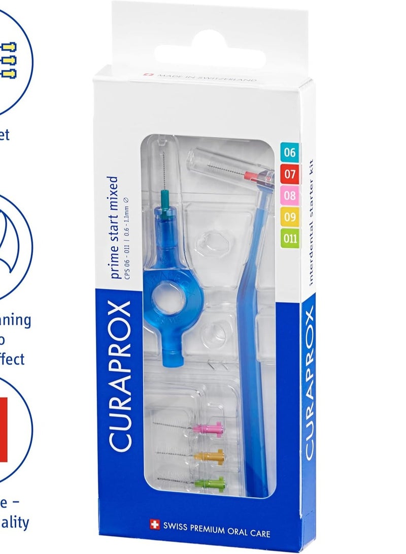 Curaprox Prime Start Interdental Brush Kit, Mixed Pack - 5 x Mixed Size Interdental Brushes + Interdental Toothbrush holders