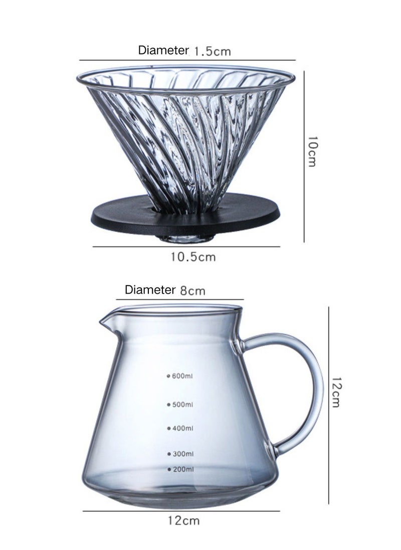 V60 Coffee Dripper Set Pour Over Coffee Coffee Set Glass Coffee Maker 2 in 1 Pour Over  Tea Set for Home for Office Glass Sliver 600ml