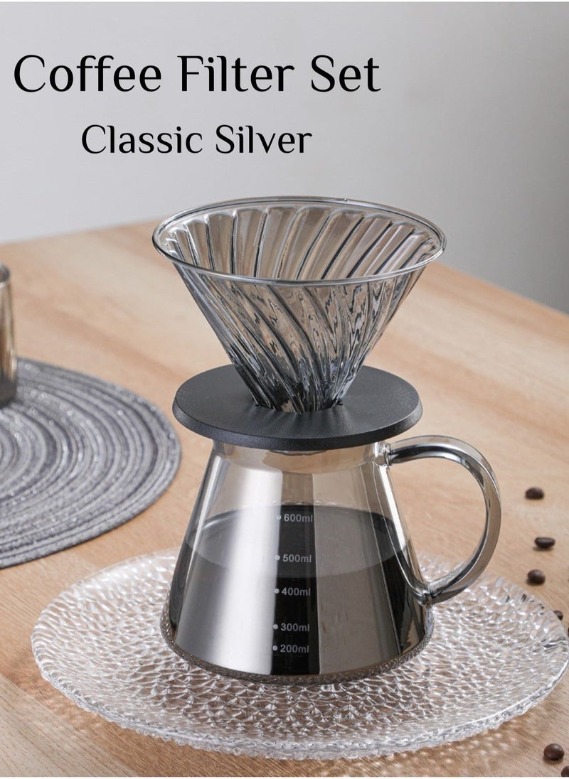 V60 Coffee Dripper Set Pour Over Coffee Coffee Set Glass Coffee Maker 2 in 1 Pour Over  Tea Set for Home for Office Glass Sliver 600ml