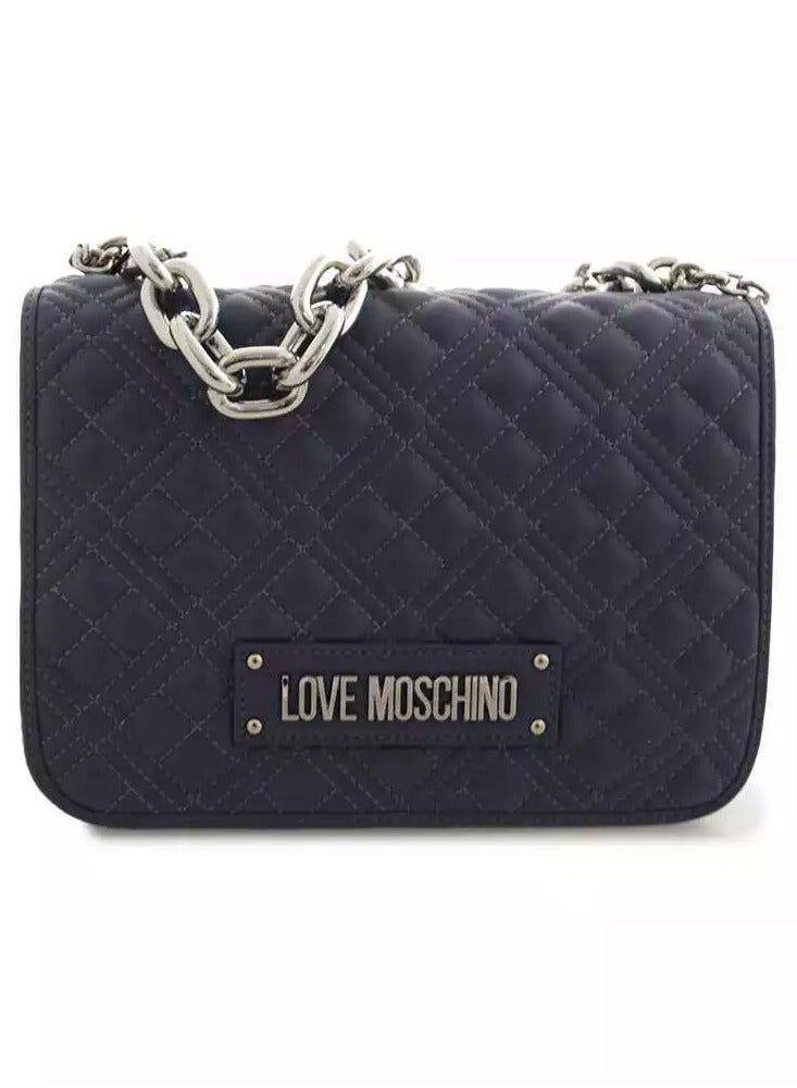 Blue Quilted Denim Bag with Chunky Chain & Gold Accents – Chic Shoulder/Crossbody Bag